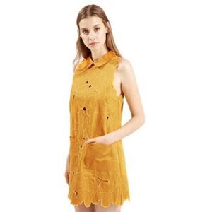 Topshop Yellow Floral Cutout Mini Dress Size 8 Mod Retro Collared Sleeveless